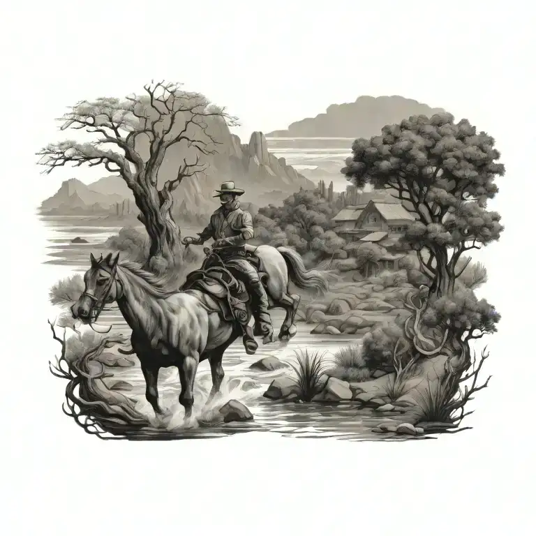 A cowboy riding a horse alongside a creek, with a dragon wrapped around a tree in the background tattoo design idea