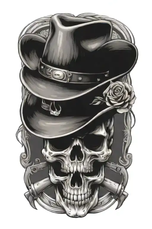 Skull wearing cowboy hat with pistols crossed in from shadded background tattoo design idea