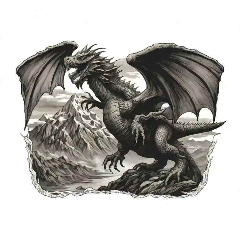 A Marine Corps veteran saluting with a dragon flying above and a mountain range in the background tattoo design idea