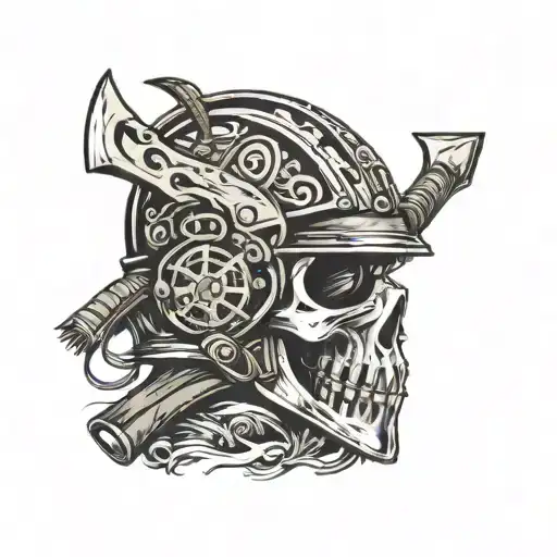 Mid eval Hatchet laying on Motorcycle helmet tattoo design idea