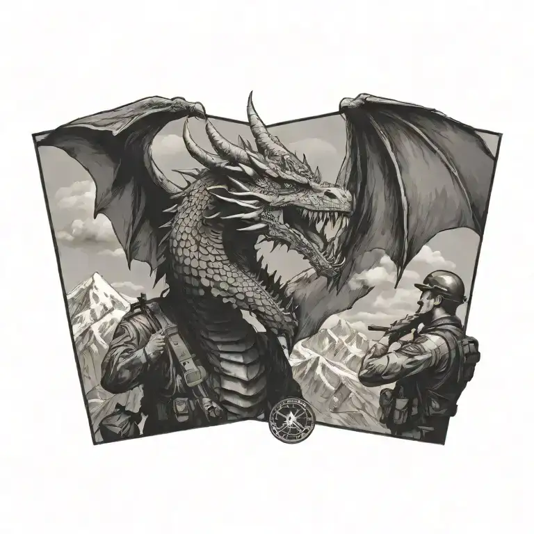 A Marine Corps veteran saluting with a dragon flying above and a mountain range in the background tattoo design idea