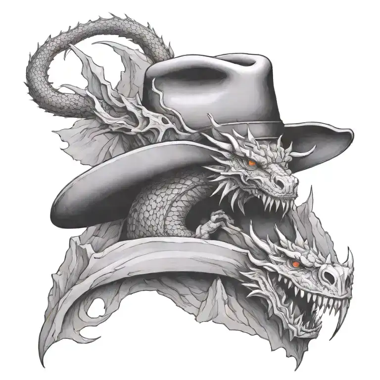 A cowboy hat with a dragon emerging from it, surrounded by mountains tattoo design idea