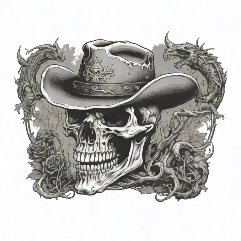 A dragon skull wearing cowboy hat flying through woods, with Pistols tattoo design idea