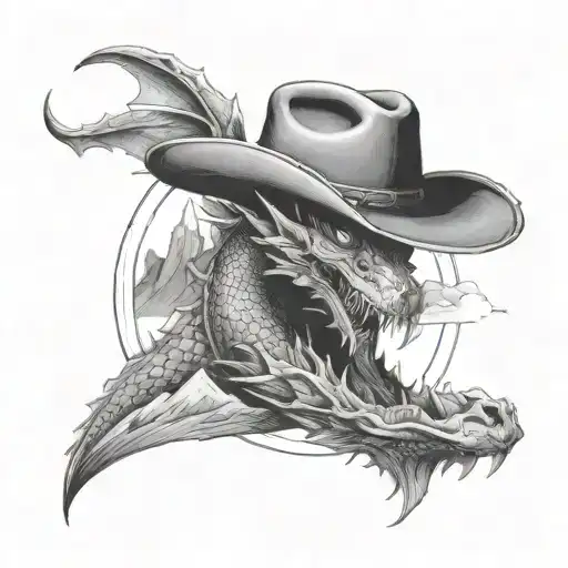 A cowboy hat with a dragon emerging from it, surrounded by mountains tattoo design idea