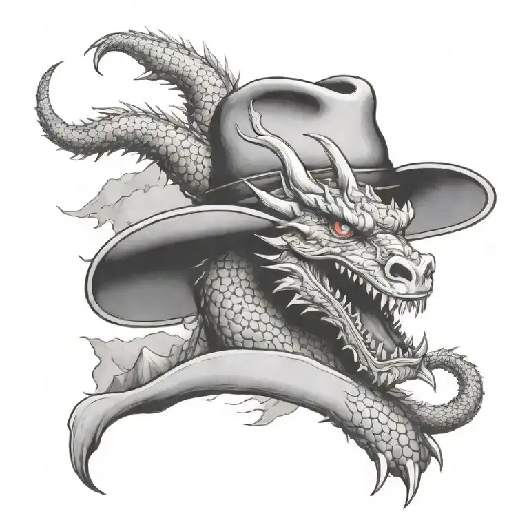A cowboy hat with a dragon emerging from it, surrounded by mountains tattoo design idea