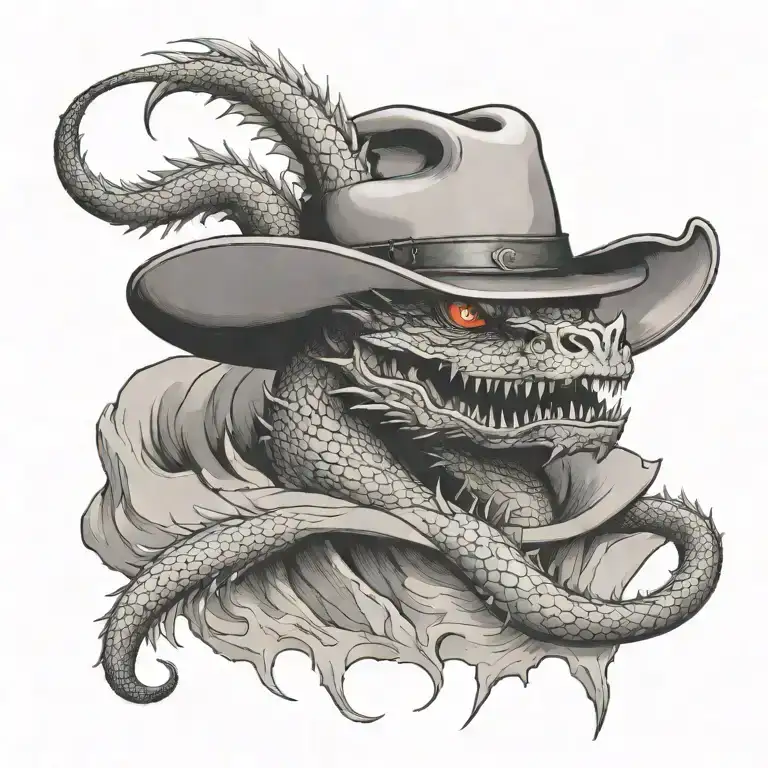 A cowboy hat with a dragon emerging from it, surrounded by mountains tattoo design idea