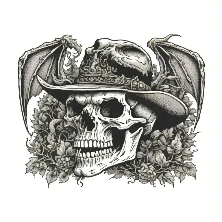 A dragon skull wearing cowboy hat flying through woods  tattoo design idea