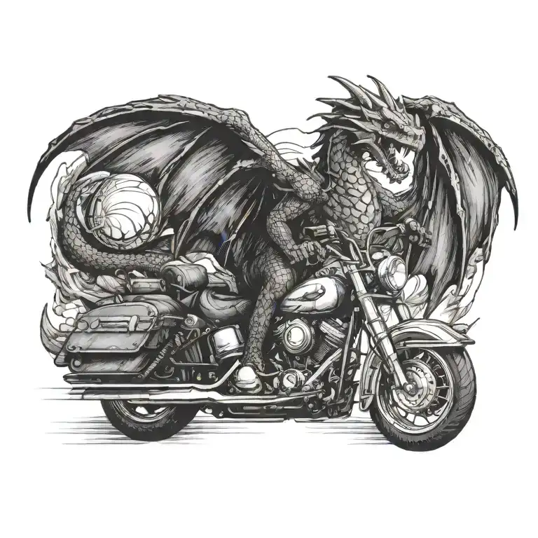 A fierce dragon riding a Harley Davidson motorcycle through a mountain range tattoo design idea