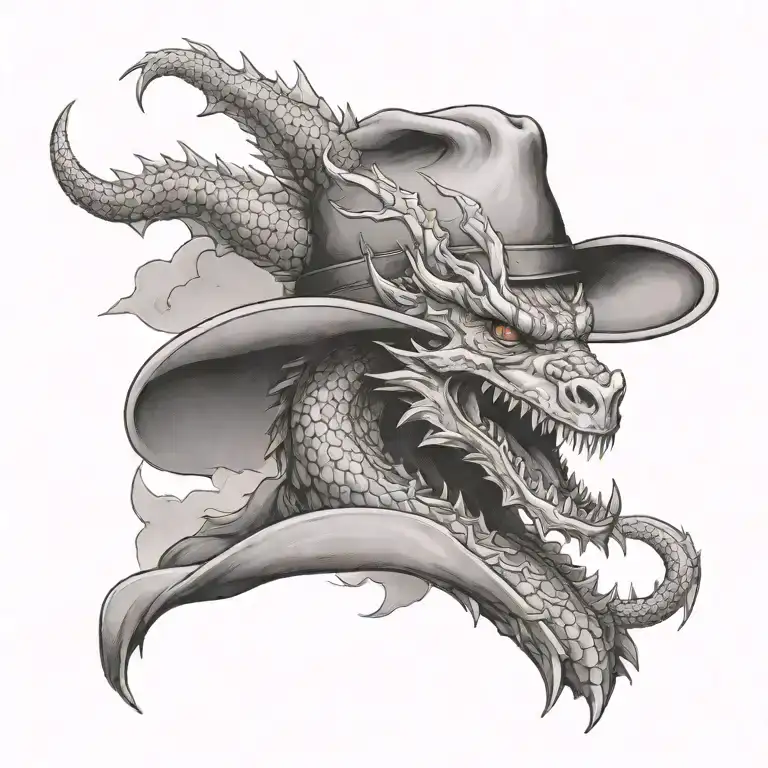 A cowboy hat with a dragon emerging from it, surrounded by mountains tattoo design idea