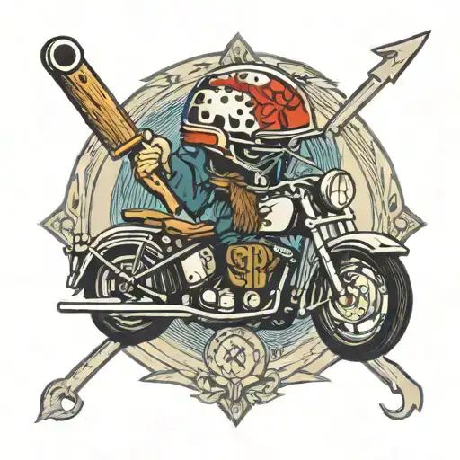 Mid eval Hatchet laying on Motorcycle helmet tattoo design idea