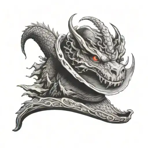 A cowboy hat with a dragon emerging from it, surrounded by mountains tattoo design idea