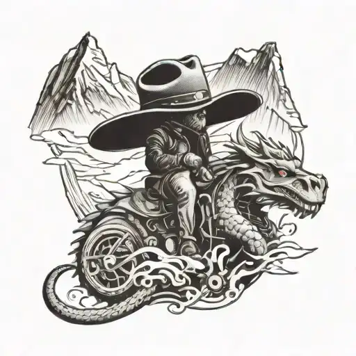 A cowboy hat with a dragon emerging from it, Cowboy riding Harley Davidson, surrounded by mountains tattoo design idea