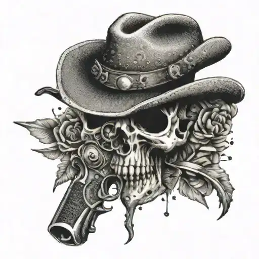 A revolver with intricate dotwork details intertwined with a skull wearing a cowboy hat tattoo design idea