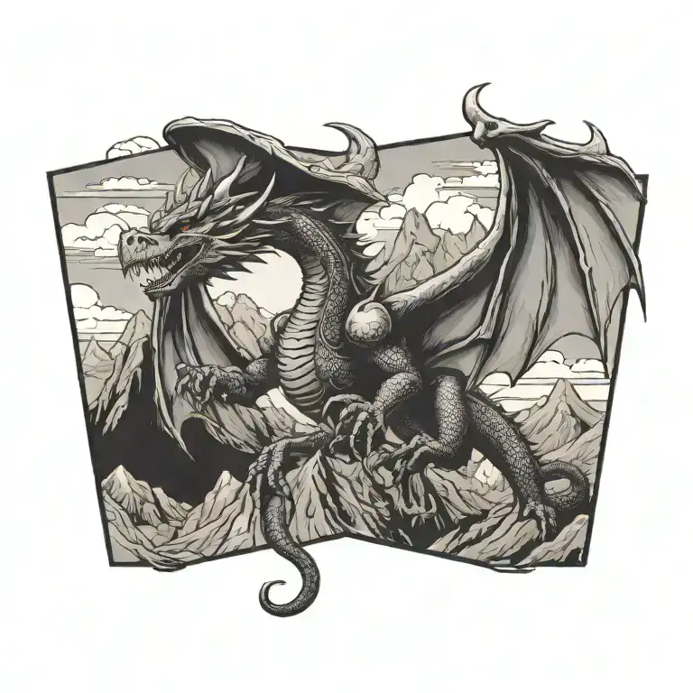 A Dragon with wings in Cowboy hat flying towards mountain range tattoo design idea