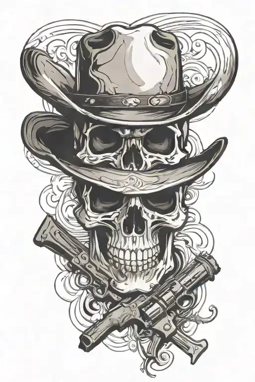 Skull wearing cowboy hat with pistols crossed in from shadded background tattoo design idea