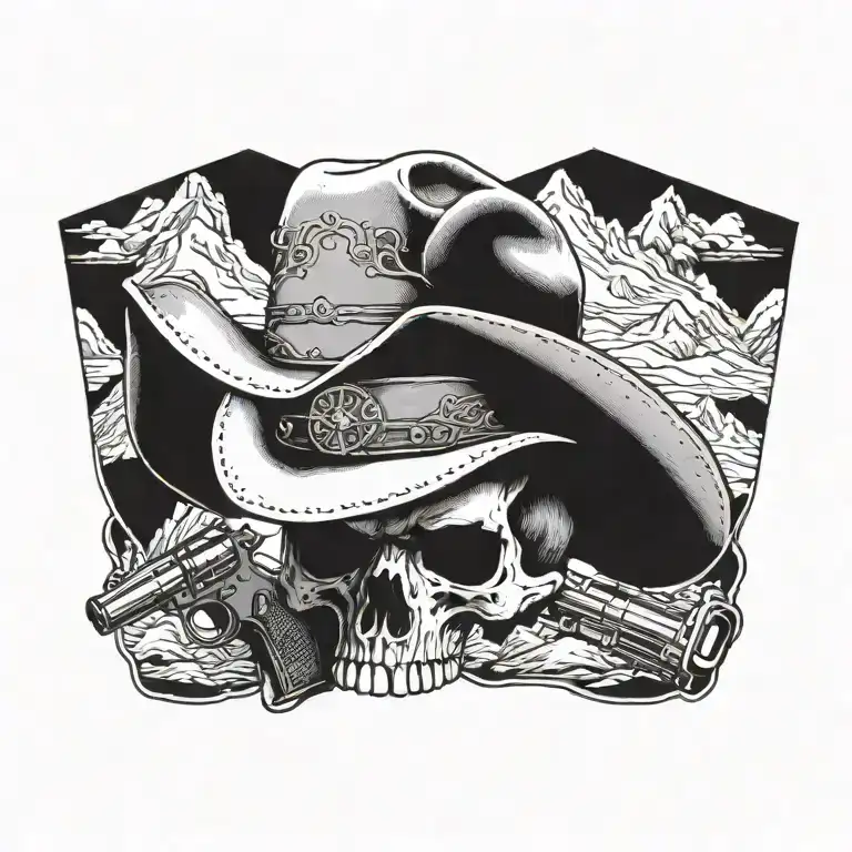 A skull with cowboy hat and guns crossed behind it, surrounded by mountain peaks tattoo design idea
