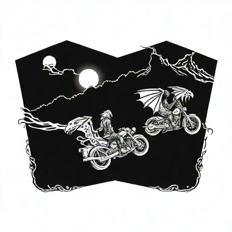 A fierce dragon riding a Harley Davidson motorcycle through a mountain range tattoo design idea