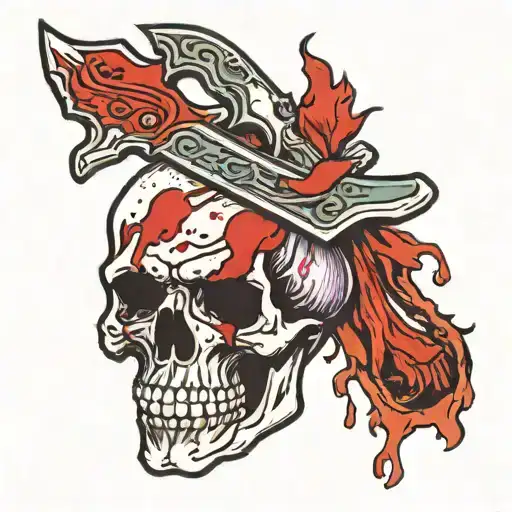 Hatchet in skull with blood dripping tattoo design idea