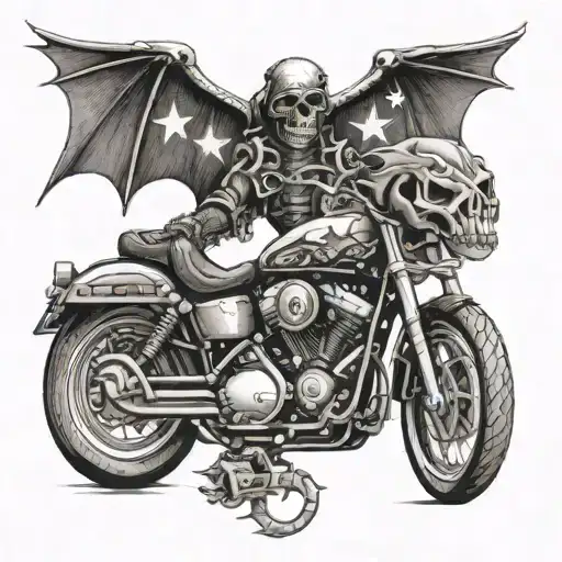 A Harley Davidson motorcycle with a dragon coiled around it, set against a backdrop of a skull and crossbones flag tattoo design idea