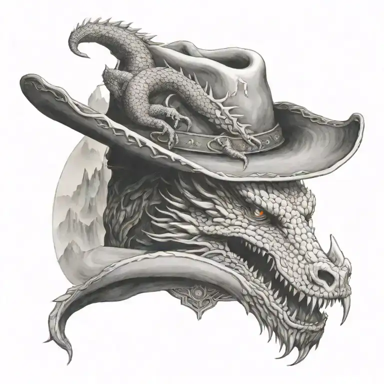 A cowboy hat with a dragon emerging from it, surrounded by mountains tattoo design idea