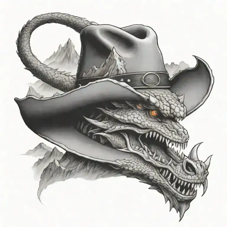 A cowboy hat with a dragon emerging from it, surrounded by mountains tattoo design idea