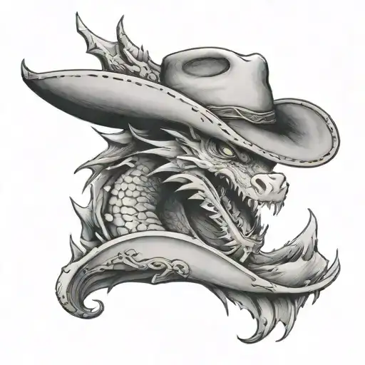 A cowboy hat with a dragon emerging from it, surrounded by mountains tattoo design idea