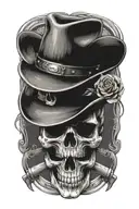 Skull wearing cowboy hat with pistols crossed in from shadded background tattoo design idea