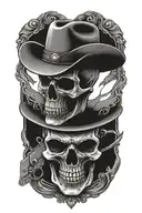 Skull wearing cowboy hat with pistols crossed in from shadded background tattoo design idea