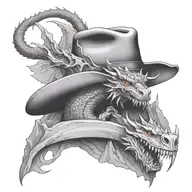 A cowboy hat with a dragon emerging from it, surrounded by mountains tattoo design idea