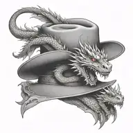 A cowboy hat with a dragon emerging from it, surrounded by mountains tattoo design idea