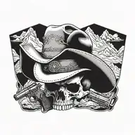 A skull with cowboy hat and guns crossed behind it, surrounded by mountain peaks tattoo design idea