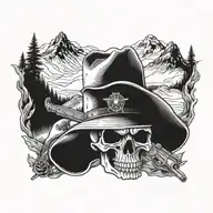 A skull with cowboy hat and guns crossed behind it, surrounded by mountain peaks tattoo design idea