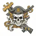 A Marine Corps veteran holding a rifle with a skull and crossbones symbol in the background tattoo design idea