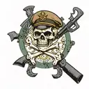 A Marine Corps veteran holding a rifle with a skull and crossbones symbol in the background tattoo design idea