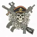 A Marine Corps veteran holding a rifle with a skull and crossbones symbol in the background tattoo design idea