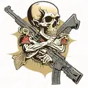 A Marine Corps veteran holding a rifle with a skull and crossbones symbol in the background tattoo design idea