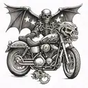 A Harley Davidson motorcycle with a dragon coiled around it, set against a backdrop of a skull and crossbones flag tattoo design idea