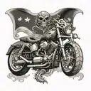 A Harley Davidson motorcycle with a dragon coiled around it, set against a backdrop of a skull and crossbones flag tattoo design idea