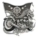 A Harley Davidson motorcycle with a dragon coiled around it, set against a backdrop of a skull and crossbones flag tattoo design idea