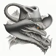 A cowboy hat with a dragon emerging from it, surrounded by mountains tattoo design idea