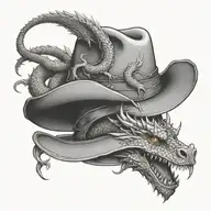 A cowboy hat with a dragon emerging from it, surrounded by mountains tattoo design idea