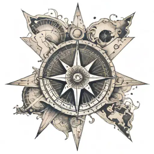A dotwork tattoo of a compass rose with travel destinations marked on it tattoo design idea