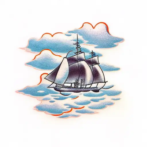 ship sailing on top of clouds with lightning in the background tattoo design idea