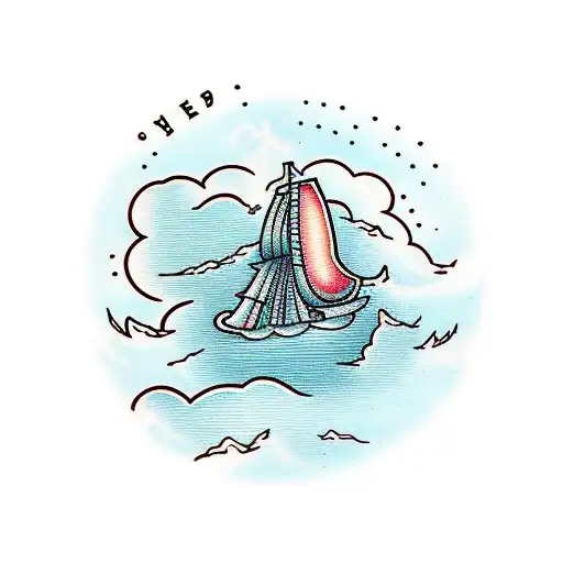 ship on clouds in the sky with stormy clouds with blue lightning in the background tattoo design idea