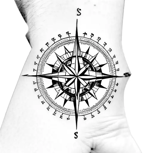 A minimalist tattoo of a compass  rose with the phases of the moon surrounding it long wrist tattoo design idea