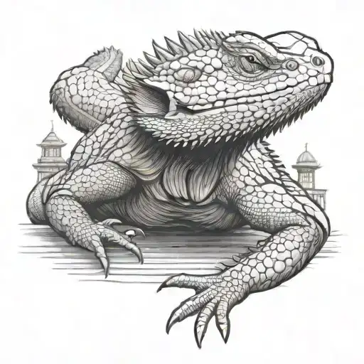 bearded dragon with Chinese buildings   tattoo design idea