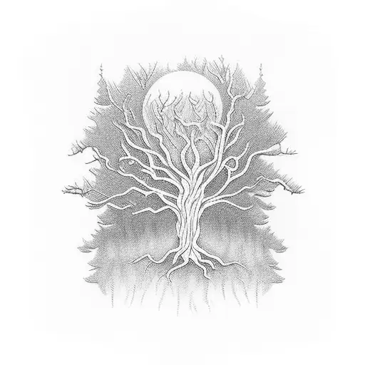 A hauntingly beautiful blackwork tattoo of a piano surrounded by twisted trees and creeping shadows tattoo design idea