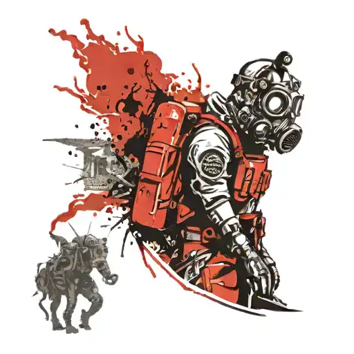 A Fallout-inspired tattoo of a lone wanderer in a gas mask, exploring a desolate wasteland with mutated creatures lurking in the shadows tattoo design idea