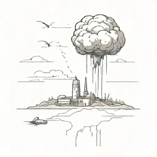 A minimalist design of a nuclear bomb exploding in a post-apocalyptic landscape tattoo design idea