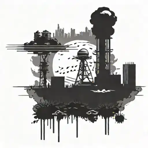 A post-apocalyptic landscape with a crumbling city skyline and radioactive wasteland, featuring a looming nuclear bomb in the background tattoo design idea